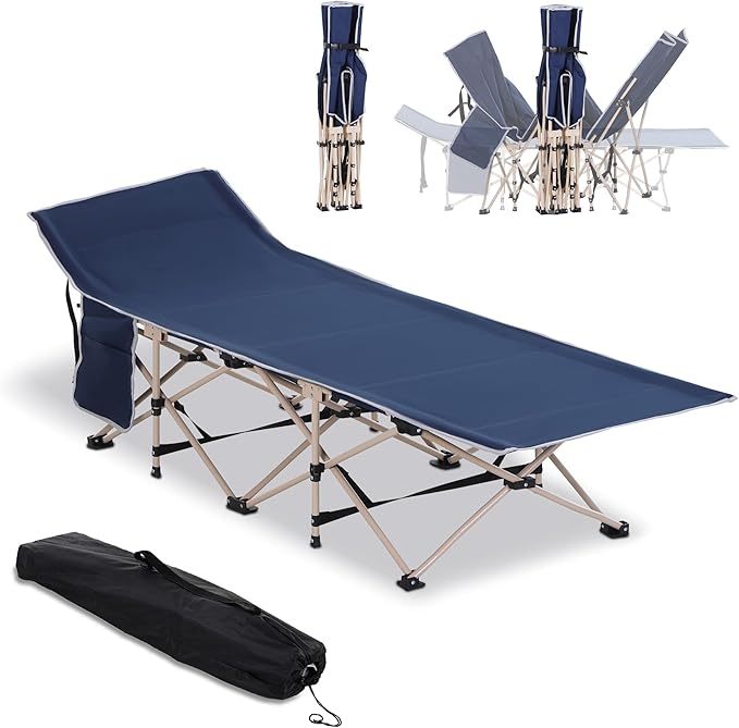 Outsunny Folding Camping Cot for Adults with Carry Bag, Side Pocket, Outdoor Portable Sleeping Bed for Travel, Camp, Vacation, 330 lbs. Capacity, Blue