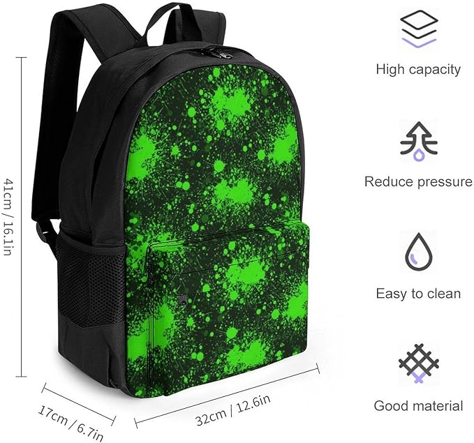 Rucksack Polyester Anti-Theft Multipurpose Green Paint Splatter Black Bookbag Big Capacity Travel and Sport Backpack Rucksack With Side Pockets