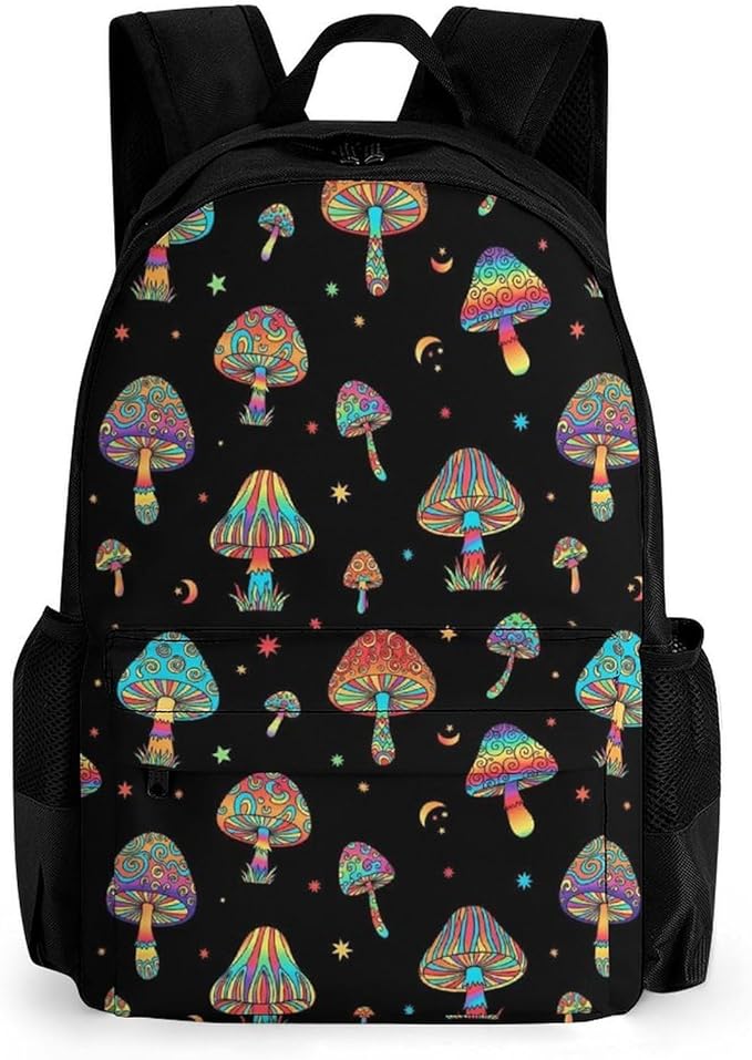Supdreamc Men Women Polyester Trippy Magic Moon Mushrooms Daypack Backpack Large Capacity Carry On Bag With Smooth Zippers for Hiking Picnic Walking Cycling