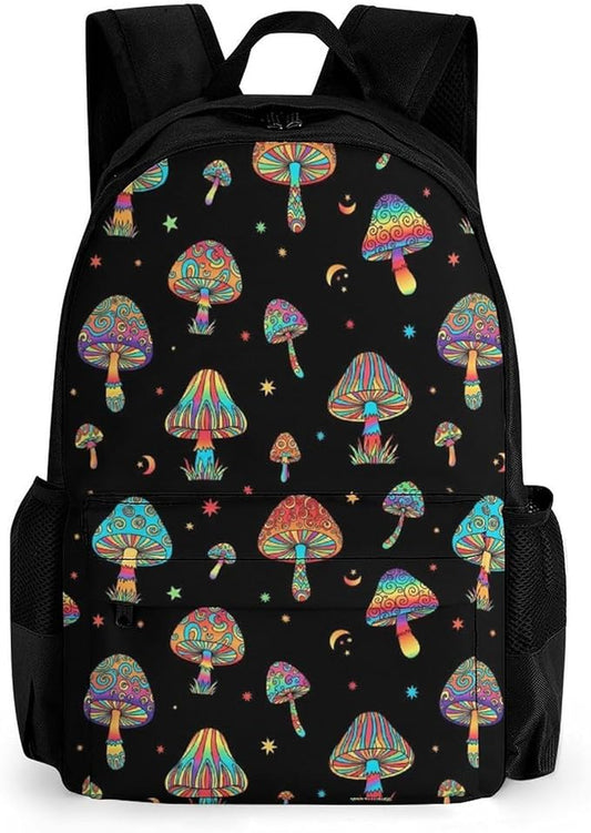 Supdreamc Men Women Polyester Trippy Magic Moon Mushrooms Daypack Backpack Large Capacity Carry On Bag With Smooth Zippers for Hiking Picnic Walking Cycling