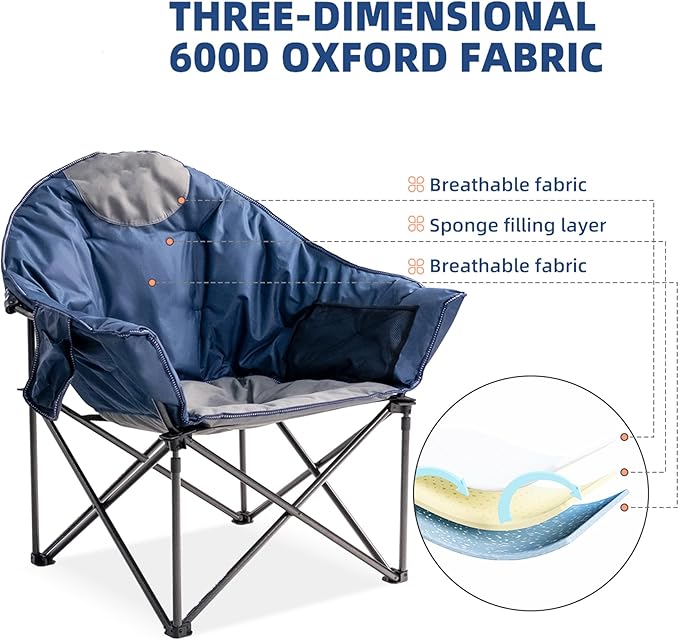 Oversized Camping Chair with Cup Holder & Carry Bag - 500lbs Heavy Duty Moon Saucer Chair for Outdoor, Lawn, Sports, Patio - Padded Folding Sofa Chair, Light Blue & Gray