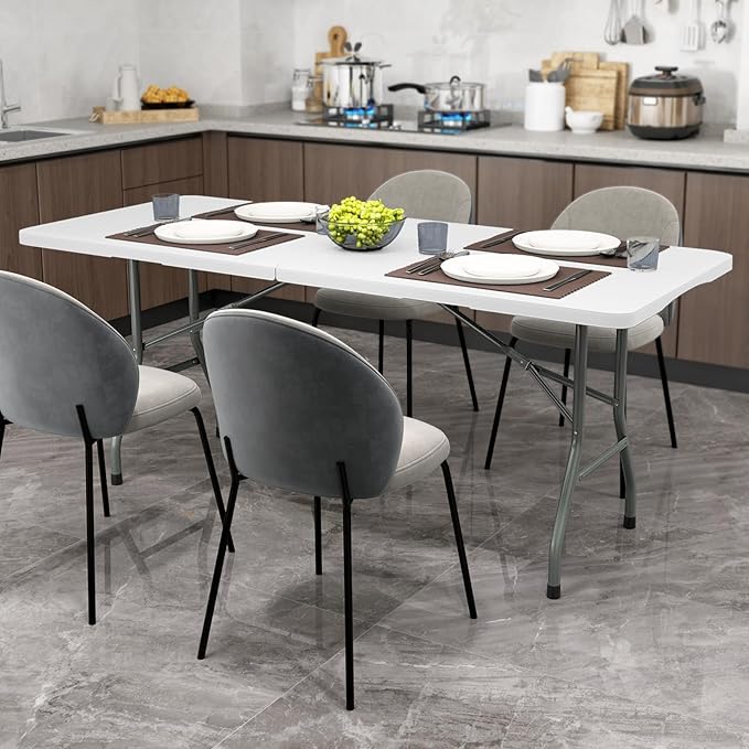 Goplus 6ft Plastic Folding Table, 350 LBS Outdoor Heavy Duty Folding Tables with HDPE Tabletop, Handle, Lock, Foldable Rectangle Portable Utility Card Table for Picnic, Party, Camping, Dining