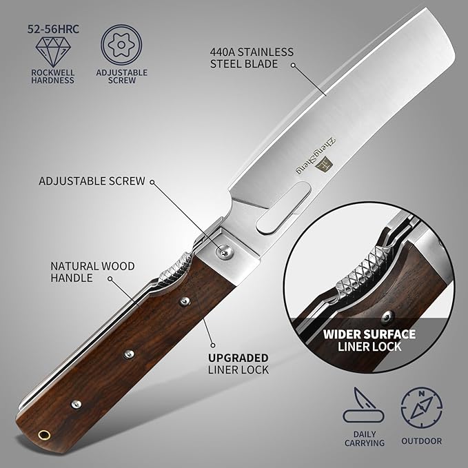 Folding Chef Knife with Leather Pouch 4.8" Sharp 440A Stainless Steel Blade Wooden Handle Pocket Foldable Japanese Style Kitchen Knife for Outdoor Camping Cooking.