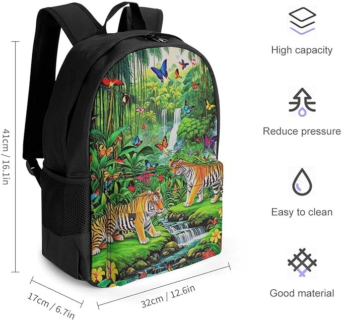 Supdreamc Rucksack Anti-Theft Multipurpose Large Capacity Carry On Bag, King Of The Tiger Tropical Rainforest Landscape Jungle Parrot Birds Travel Hiking Bag Day Pack With Side Pockets