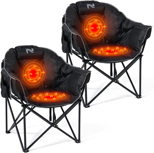 2 Pack Oversized Heated Camping Chair, 3 Heating Levels Soft Padded Camp Chairs with Pillow and Storage Bag, Portable Folding Outdoor Heated Moon Chair for Lawn Patio Beach and Picnics, Black