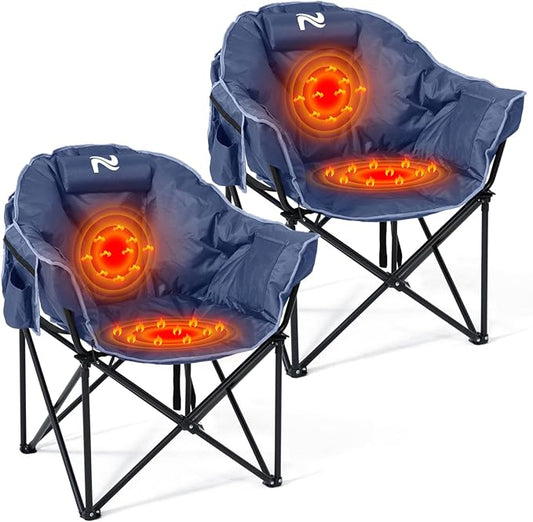 2 Pack Oversized Heated Camping Chair, 3 Heating Levels Soft Padded Camp Chairs with Pillow and Storage Bag, 2 Pack Portable Folding Outdoor Heated Moon Chair for Lawn Patio Beach and Picnics