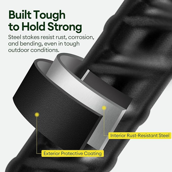 12 Inch Rebar Stakes Heavy Duty 10 Pack, J Hook Ground Stakes, Galvanized Steel Trampoline Stakes, Tent Anchor Kit Anti-Rust, Drip Hose Wind Stakes, Black