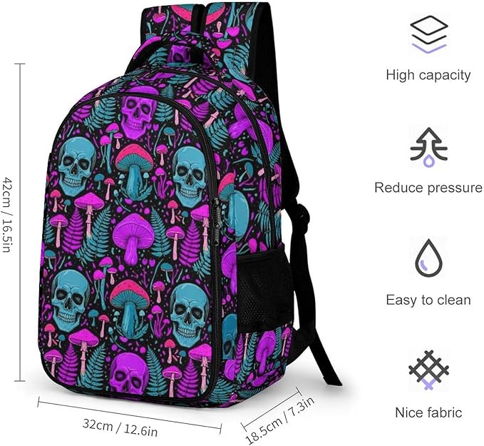 Large Capacity Travel Backpack Purple Leaf Trippy Mushroom Eye Skull, Carry On Anti Theft Laptop Backpack with Multi Compartments for Business Weekender Hiking