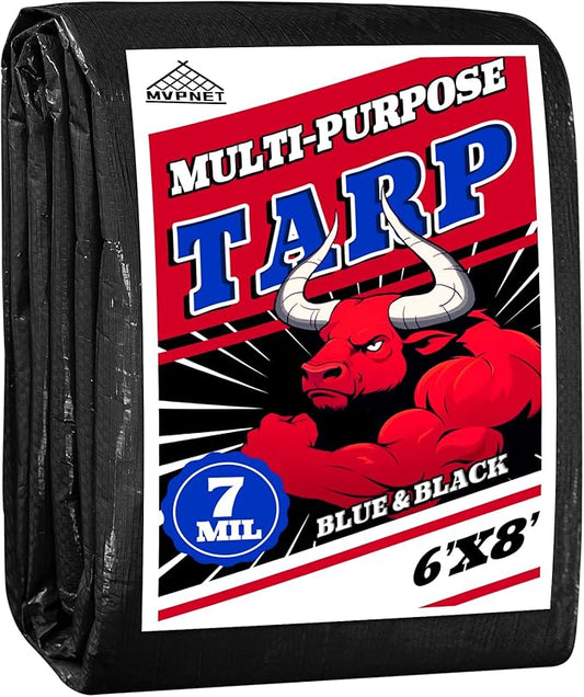 Tarp 6x8 Waterproof 7mil Blue/Black Multipurpose Tarps Uv Resistant Outdoor Tarp for Camping, Rooftops, Yards, Pools, Vehicles, Boats by-MVPNET