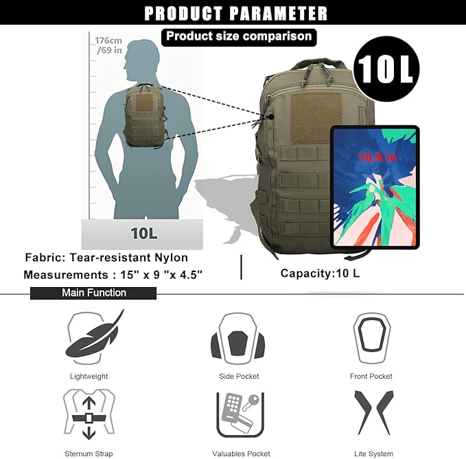 12L Small Backpack Day Pack - Mini Tactical Backpacks Military Daypack Molle Bag Rucksack Bug Out Bag for Hiking Camping Trekking (Green)