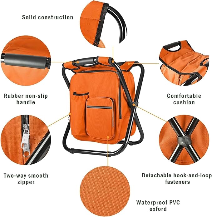 Kikerike Backpack Stool Cooler Chair Heavy Duty 300 LBS Max Load Portable Lightweight Stool Backpack Folding Fishing Cooler Seat for Camping Hunting Fishing - Orange