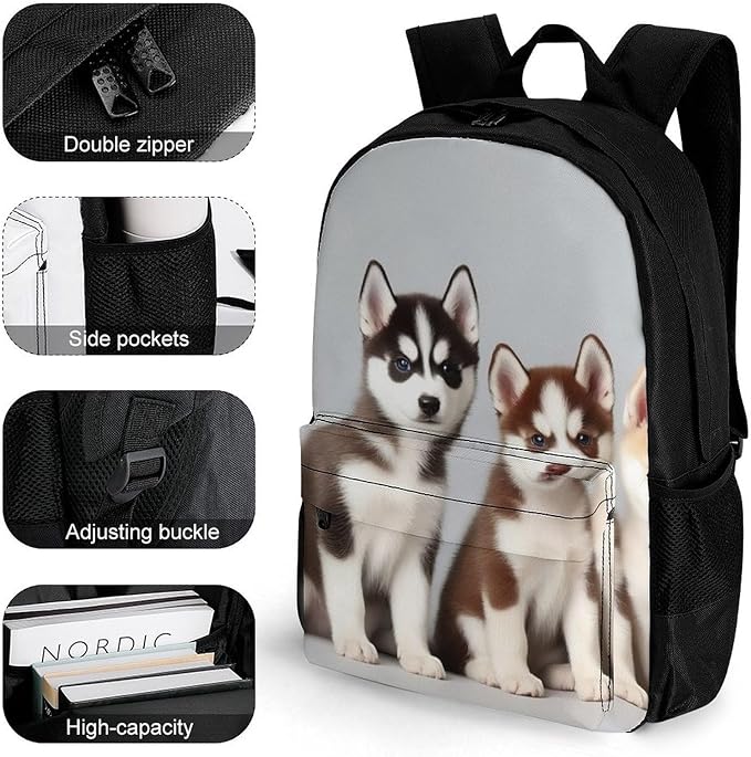 Polyester Daypack Backpack for Trekking Picnic Walking Cycling, Large Capacity Anti-Theft Multipurpose Shoulder Bag, Siberian Husky Puppies Dogs Husky Casual Daypack