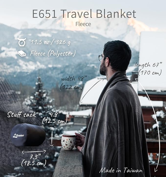 Litume Travel Camping Blanket Lightweight and Breathable, 67 x 48 in Soft Airplane Flight Blanket for Travelers, Foldable Sheet with Stuff Sack for Train, Camp, backapcking, Office, Home (E651 Grey)