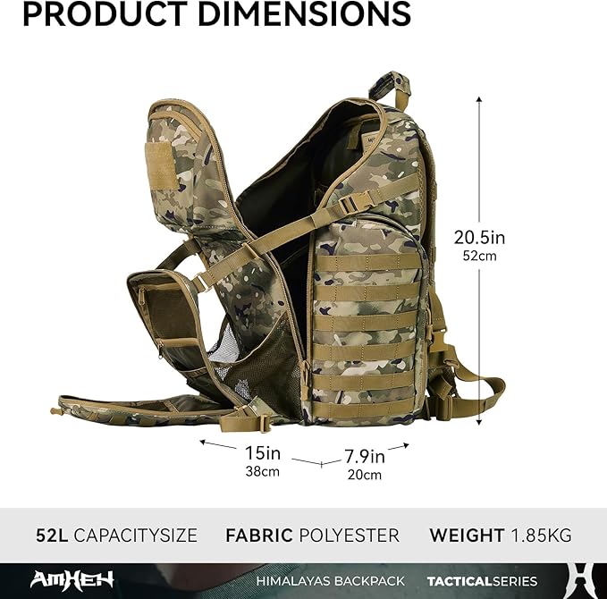 52L Tactical Backpack - 1050D 72 Hour Bug Out, 17" Laptop Compartment, Helmet Pocket and MOLLE for Survival Emergency (Camo)