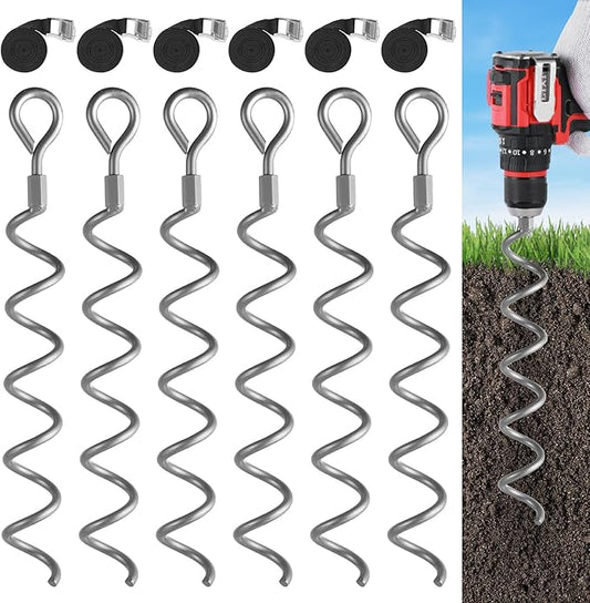 XYADA 15.5 inch Spiral Ground Anchors,6 Packs Heavy Duty Earth Anchors Screw in Spiral Stakes - Shed Anchor Kit for Trampoline, Tent,Garden Fence, Dog Run,Sheds, Swings, Canopies(Silver)