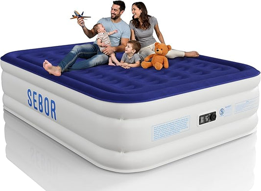Sebor Air Mattress Queen with Built-in Pump 18", Comfortable Self-Inflating Air Mattress with High-Speed Pump, Durable Blow Up Mattress Queen with Storage Bag for Guests, Camping, Travel