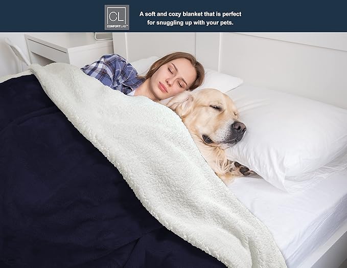 Comfort Lab Reversible Flannel Sherpa Blanket - Elegant Fluffy Bed Blankets for Bedroom and Home Decor - Anti Pilling Non Shedding Cozy & Warm Fleece Cover - Twin/Twin XL (66" x 90") - Navy
