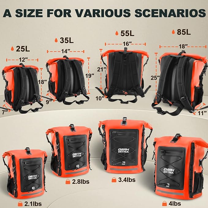 Waterproof Backpack Dry Bag 25L/35L/55L/85L – Heavy Duty Roll-Top Hiking Backpack Sack Keeps Gear Dry for Travel, Kayaking, Boating, Camping, Rafting and Fishing