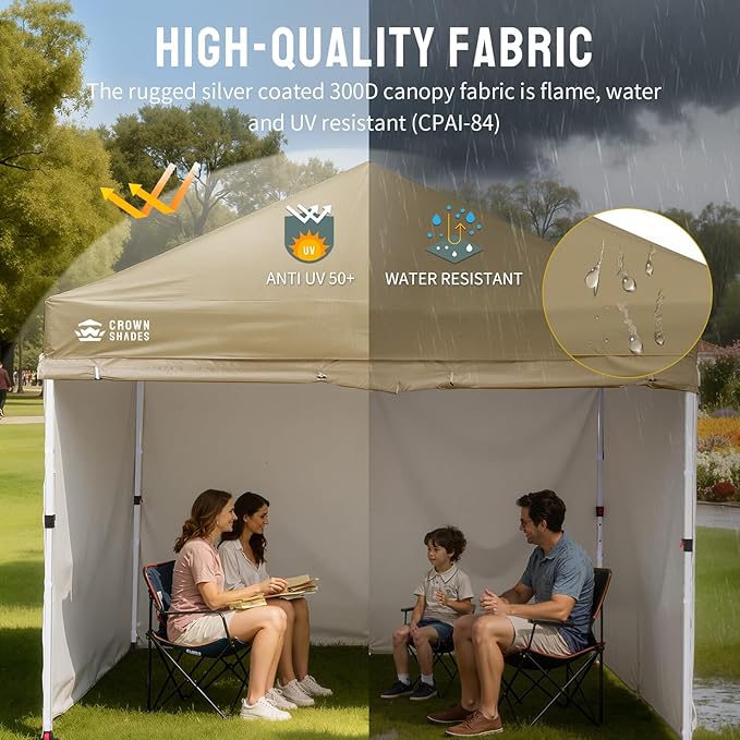 CROWN SHADES 10X10 Commercial Instant Canopy Pop Up Tent with Center Lock, 300D Fabric, 4 Sidewalls, Sto'N Go Bag, Beige