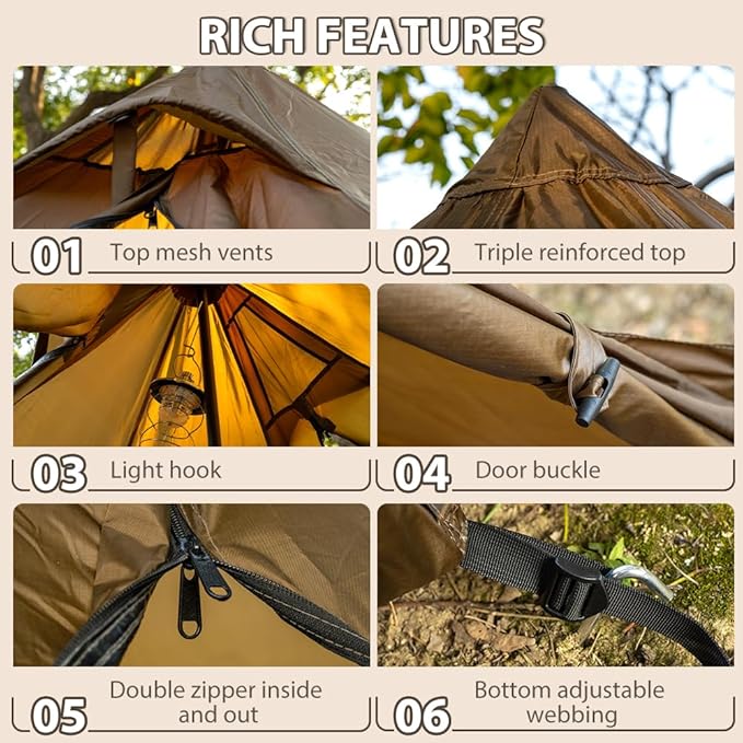 Hot Tent with Stove Jack and Snow Skirt, 6.89~8.53ft Standing Room, 2~5 Person, Tipi Tent for Family Hiking, Fishing, Hunting, Backpacking Camping