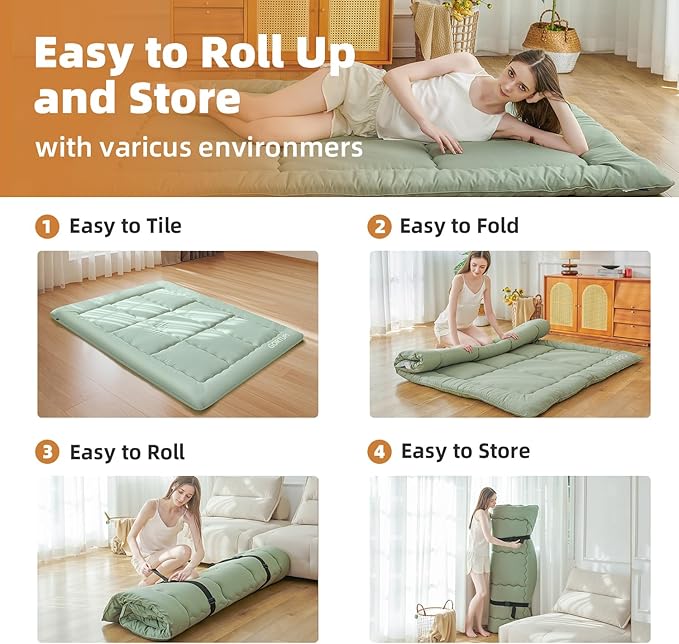 Twin Size Japanese Floor Futon Foldable Futon Mattress for Floor Tatami Mattress Portable Rollaway Bed for Guest Playmat for Kids Tatami Sleeping Pad Japanese Mattress for Adults Green A