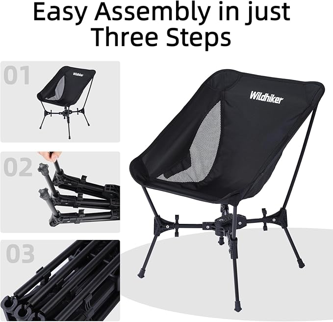 Wildhiker Portable Compact Folding Camping Chairs – Lightweight, Easy to Pack, Wider Seat Surface with Side Pocket – for Lawn, Backpacking, Motorycling, Hiking,Travel, Outdoor Festivals