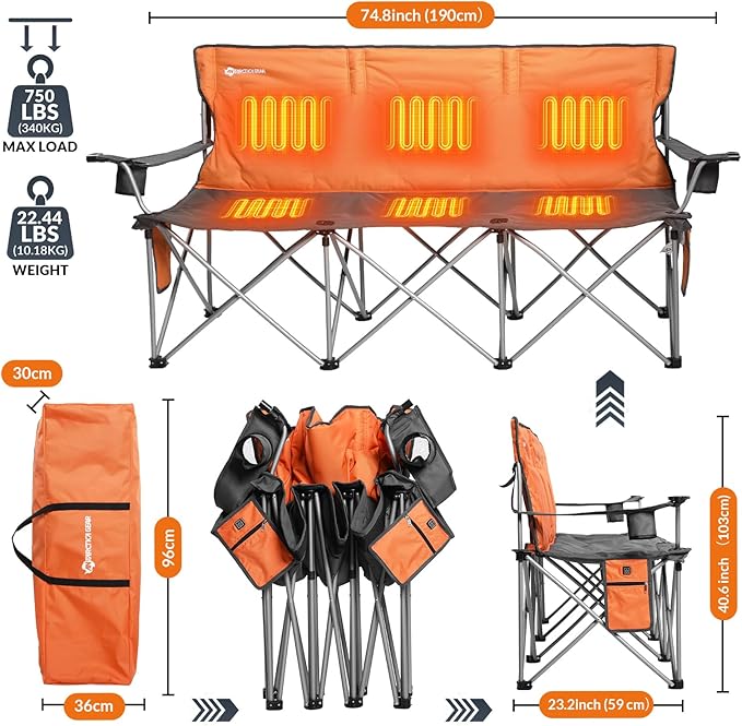 ANTARCTICA GEAR Heated 3-Person Camping Chair with 12V 15000mAh Battery Pack - Heavy-Duty XL Folding Bench for Outdoor, Campsites, Tailgating - Portable Heated Seating with Adjustable Warmth