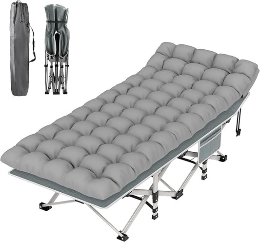 Suteck Camping Cot, Folding Camping Cot Bed for Adults Sleeping 1200D Double Layer Oxford Portable Folding Outdoor Cots for Camping W/Soft Pad Carry Bag for Home Office Nap Beach Travel, 500LBS,Grey