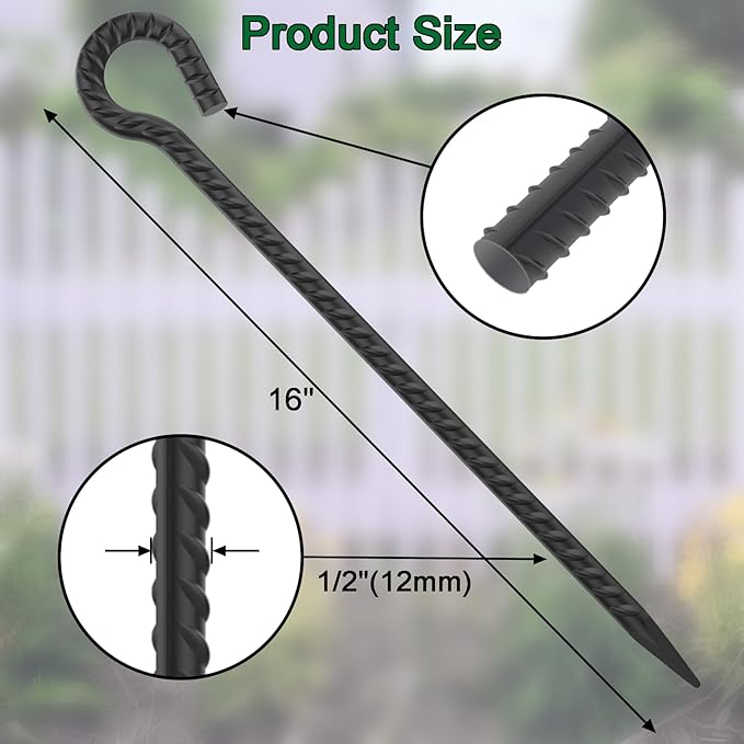 16 Inch Rebar Stakes 1/2 Inch Diameter 6 Pack Metal Spikes Heavy Duty Dog Tie Out Stake for Yard and Camping, Tree Stakes and Supports for Leaning Young Trees (Black)