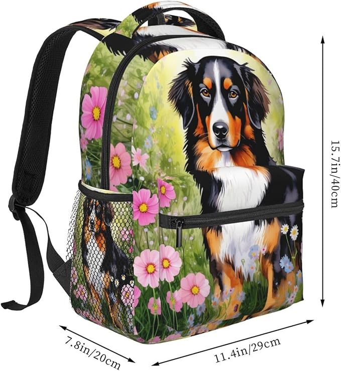 Rucksacks Multipurpose Anti-Theft Big Capacity Bookbag, Shetland Sheepdog Dog Watercolor Pink Flower Art Travel Hiking Camping Rucksack With Padded Straps