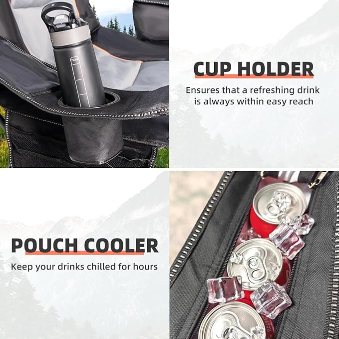 Oversized Camping Chair Heavy Duty 500LBS - Folding Outdoor Chair with Cooler Bag, Storage Pockets, Portable Collapsible Lawn Chairs for Adults (Black & Gray)