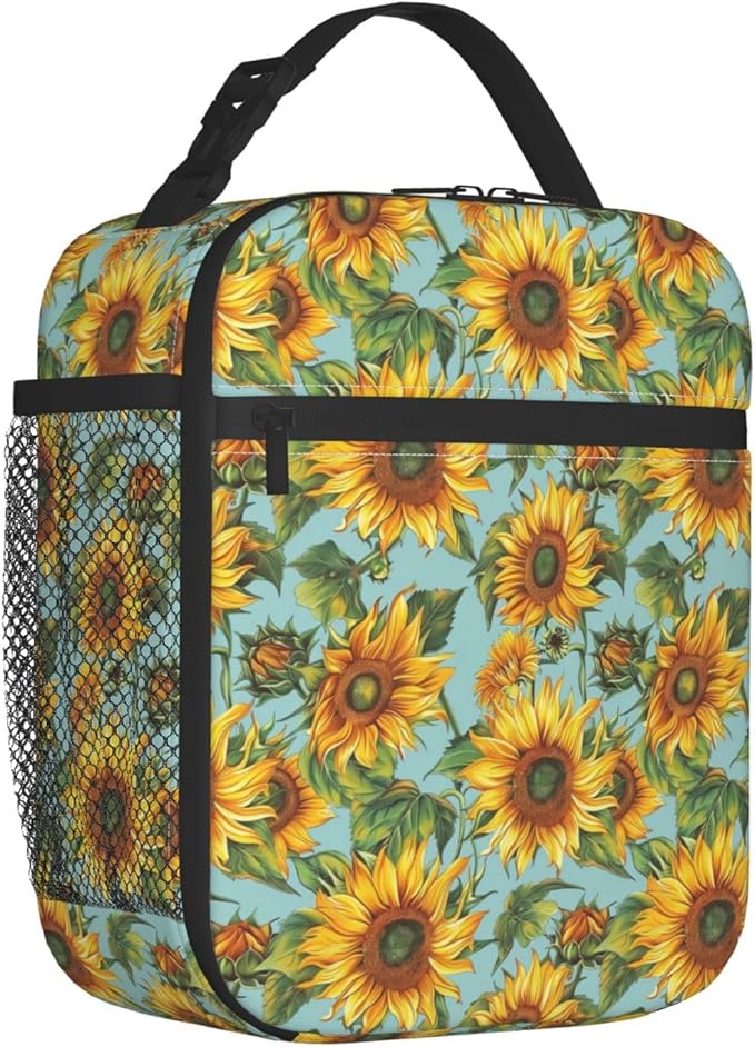 Reusable Sunflower Lunch Box for Kids Girls Boys Women Adult, Insulated Floral Lunch Bag,Polyester Cooler Flower Handbags Case for School Picnic Work Travel Beach or Hiking (Light Blue)