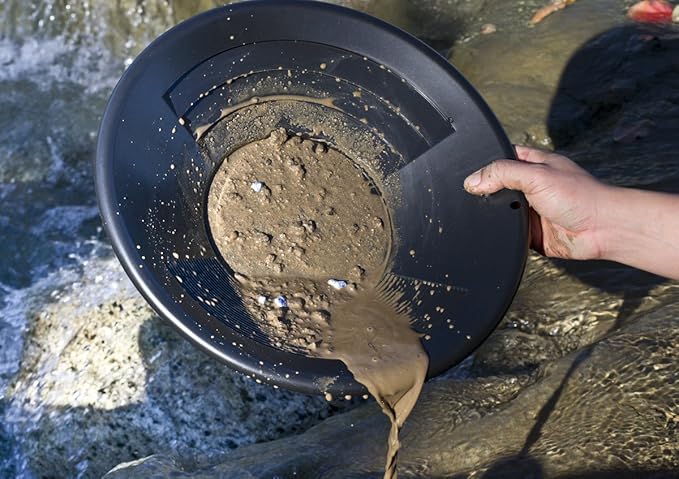 SE 14 Inch Gold Panning Pan - Dual Riffles for Easier Mining and Prospecting, Black