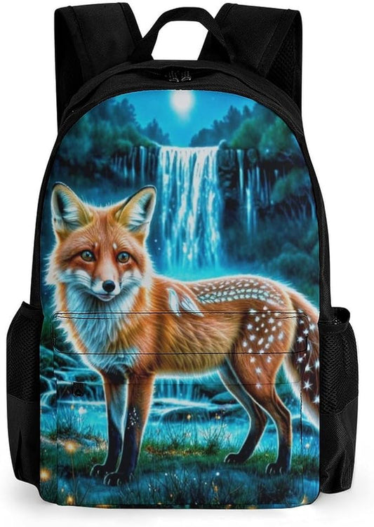 Women Men Polyester Magical Kitsune Fox Art Casual Daypack Large Capacity Bookbag With Side Pockets for Sports Picnic Walking Cycling