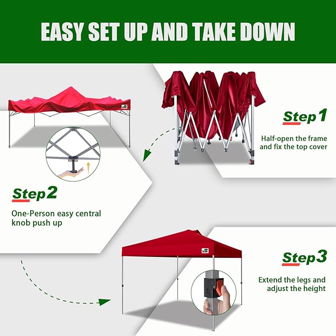 Eurmax USA NOMATTER ONE-Person Open&Close 10x10ft Pop Up Canopy Tent，Portable Shelter Canopy for Outdoor Events，Instant Canopies, Temporary Sunshade,Bonus 4 Sand Bags(Red)