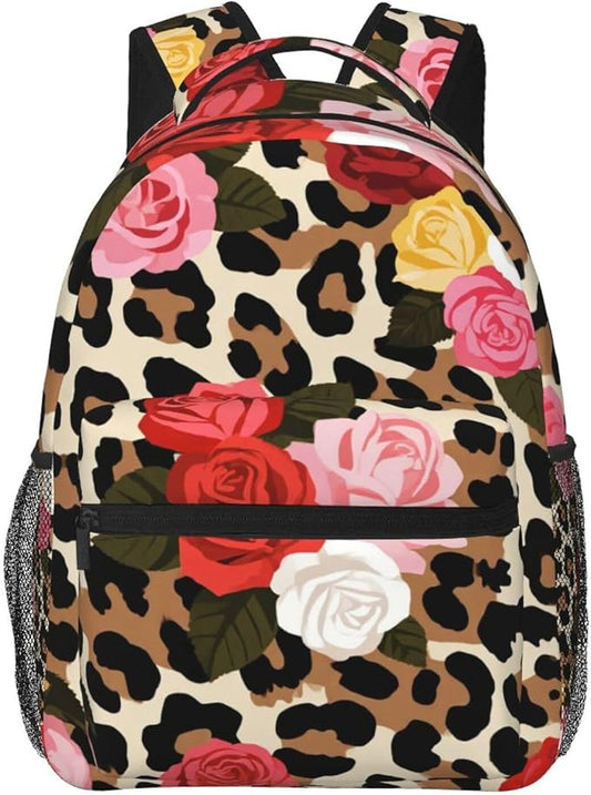 Men Women Polyester Cheetah Leopard Print Floral Daypack Big Capacity Shoulder Bag With Adjustable Shoulder Straps for Camping Travel Walking Cycling