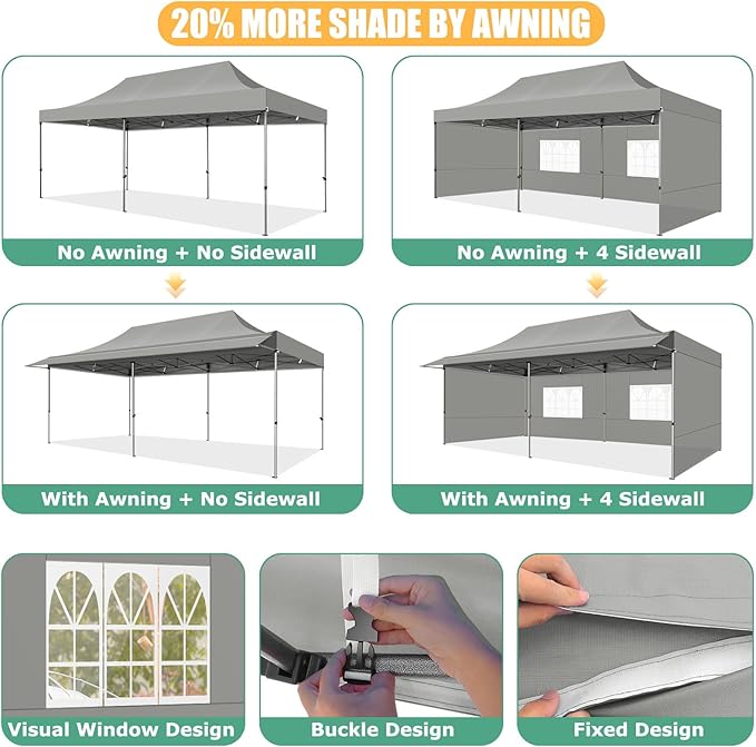 COBIZI 10x20 Pop Up Canopy Tent with Awning,Heavy Duty Canopy UPF 50+ All Season Wind Waterproof Commercial Outdoor Street Vendors Party Tents for Parties Canopy with Roller Bag(10 x 20 ft Gray)