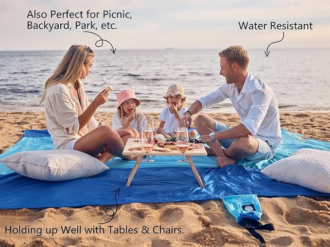 WEKAPO Beach Blanket Sandproof Waterproof, Extra Large Beach Mat, Oversized & Compact Sand Free Mat Quick Drying, Lightweight & Durable with Stakes & Corner Pockets