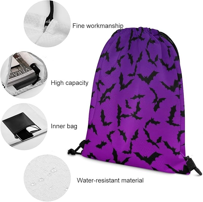 Waterproof Drawstring Bag Gym Sack Sports Backpack for Hiking Swimming Beach Yoga Gear Lightweight Unisex, Happy Halloween Bat Black Bats Purple Bags