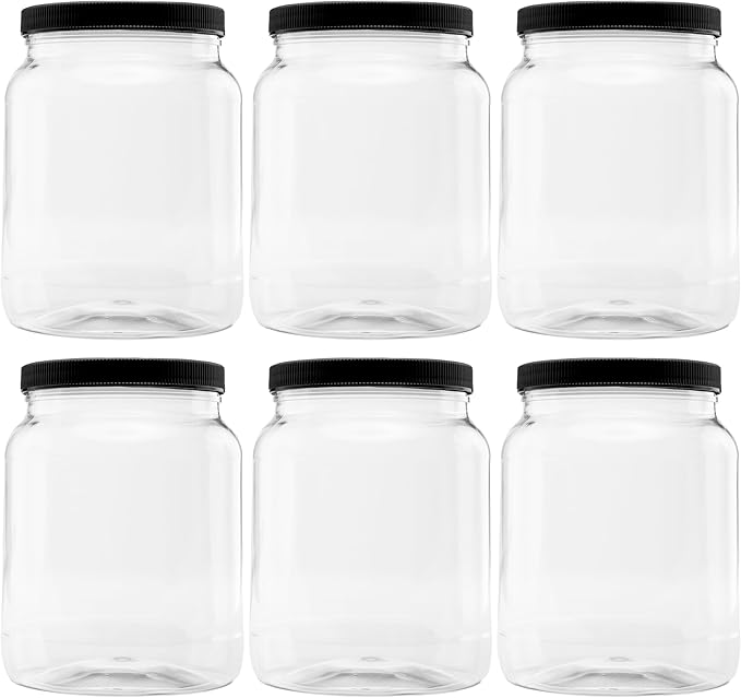 Plastic Storage Jars with Leak Proof Lids, BPA Free, Hand Wash Only (64oz, 6PK Black)