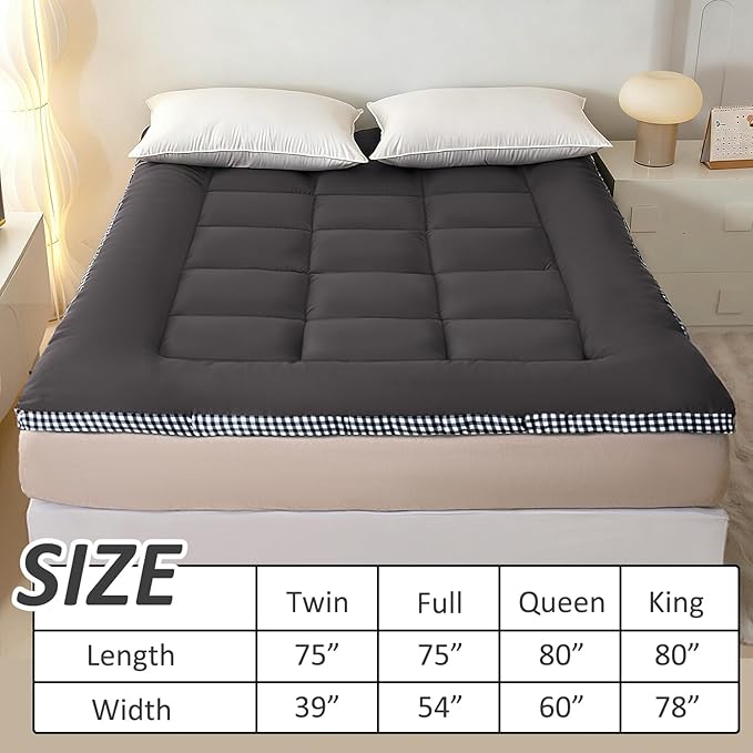 Thick Mattress Topper Full Size - Non-Slip Mattress Pad Cover for Back Pain Breathable Folding Sleeping Pad Machine Washable Mattress Protector (54x75 inch,Black)