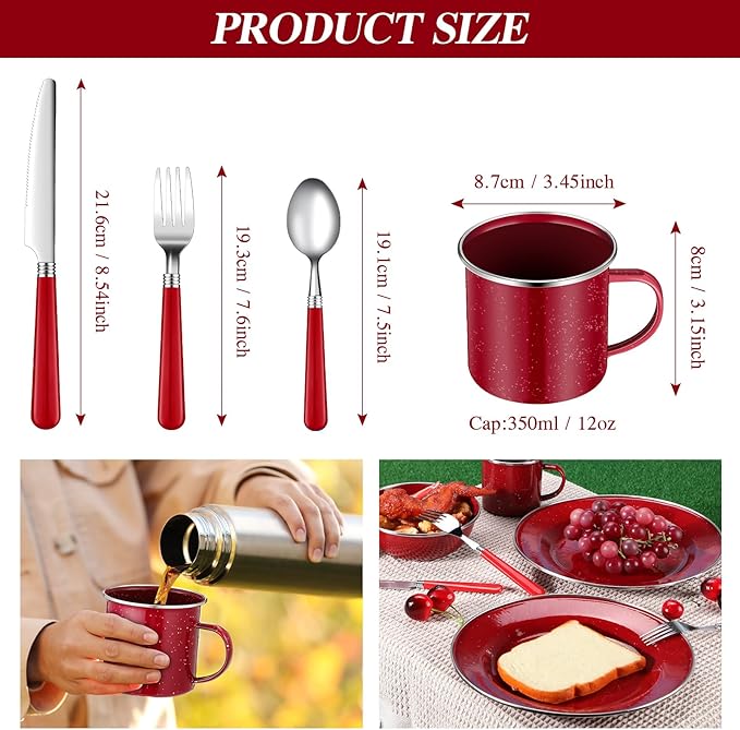 Nuogo 12 Pcs Enamel Camping Tableware Set Dinnerware Kit Includes 12 oz Coffee Mugs Camping Plates Bowls and Utensils Set with Knife Fork Spoon for 2 People Hiking Picnic Outdoor