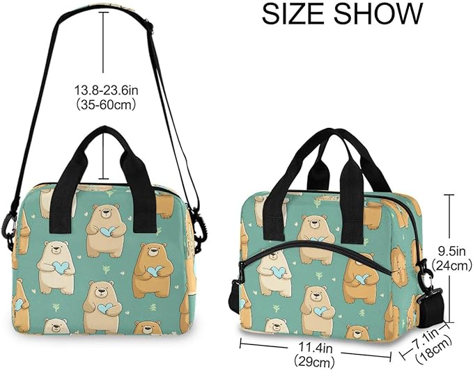 ALAZA Bear Heart Pattern Lunch Box for Men Women Adults Insulated Lunch Bag Cooler Bag with Adjustable Shoulder Strap for Work Picnic Travel