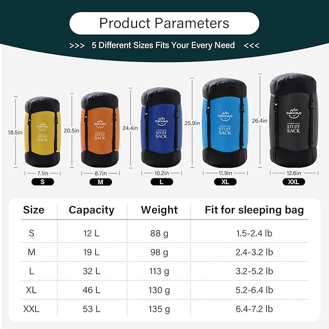 Compression Sack, 12L/19L/32L/46L/53L Water-Resistant Sleeping Bag Stuff Sack,Anti-Tear Ultra Light 400T 20D Nylon Storage Bag,Space Saving Gear for Camping Hiking Travel 1Pcs