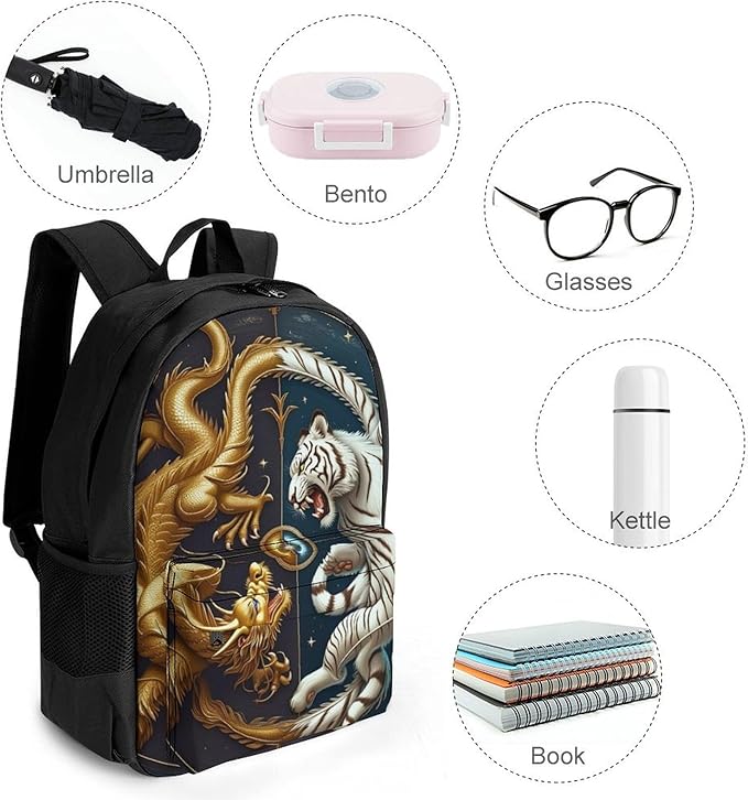 Supdreamc Shoulder Book Bags Polyester Multipurpose Anti-Theft Yin Yang Gold Dragon White Tiger Art Carry On Bag Large Capacity Travel Hiking Camping Rucksack