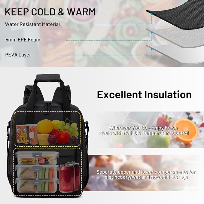 MIER Backpack Cooler 24 Cans Insulated Double Deck Soft Coolers Bag Lightweight Lunch Back Pack Women Men for Beach Travel Work Fishing, Black