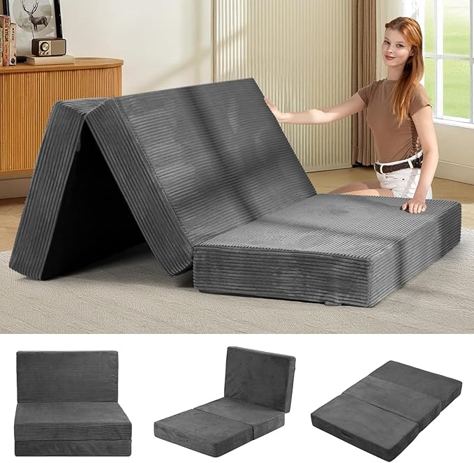 6-Inch Tri-Fold Mattress Full Size - Foldable Futon Sofa Bed with Removable Washable Cover, Folding Memory Foam Futon Mattress | Non-Slip Bottom & Carry Handles for Guest, Camping, Dorm