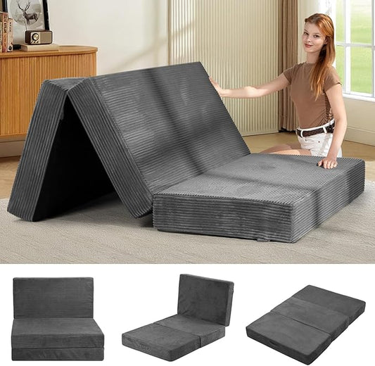 6-Inch Tri-Fold Mattress Full Size - Foldable Futon Sofa Bed with Removable Washable Cover, Folding Memory Foam Futon Mattress | Non-Slip Bottom & Carry Handles for Guest, Camping, Dorm