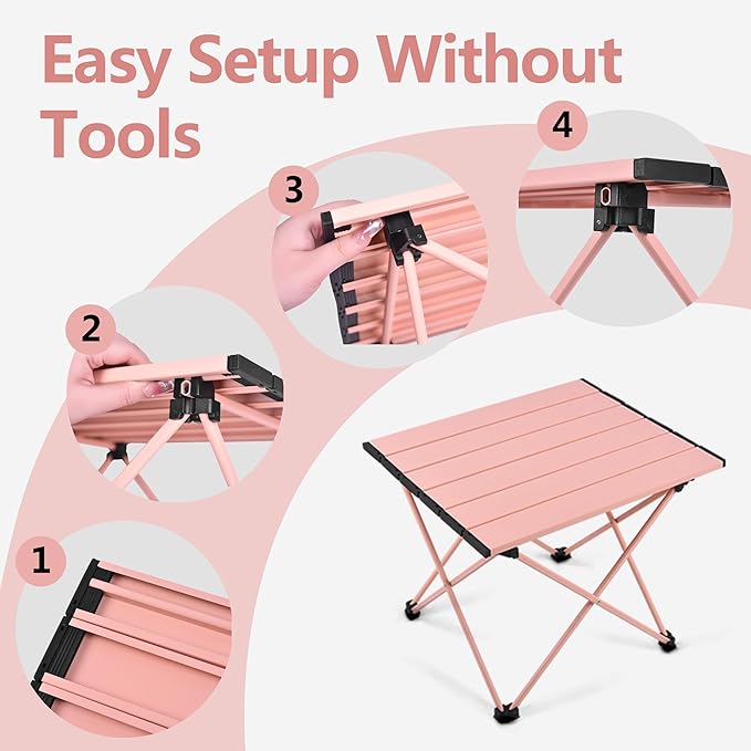 Grope Portable Beach Table for Sand with Aluminum Table Top, Folding Camping Table Easy to Carry, Prefect for Outdoor, Picnic, BBQ, Cooking, Festival, Beach, Home (Pink-S)