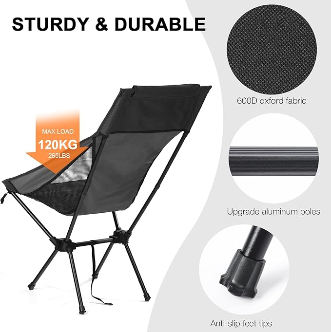 Folding Portable Camping Chair, Lightweight Compact Backpacking Hiking Chair, Beach Chair for Adults,Black